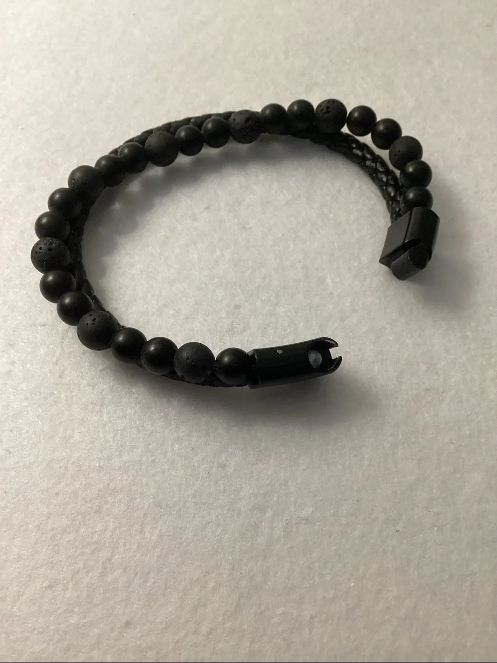 Men’s Lava Bead and Braided Leather Bracelet in Black Ion-Plated Stainless Steel